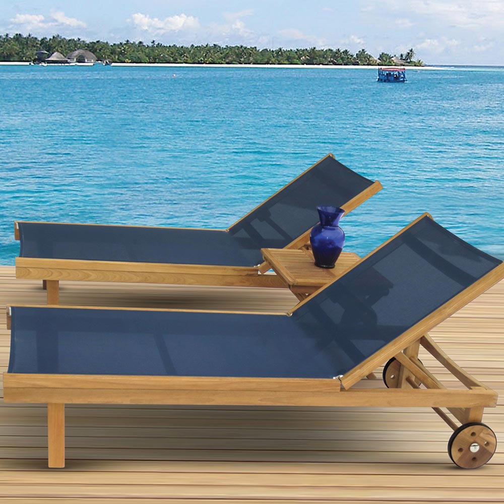 Royal Teak Collection P147 3-Piece Teak Patio Conversation Set with Sling Sundaze Loungers & 20-Inch Square Folding Picnic Table