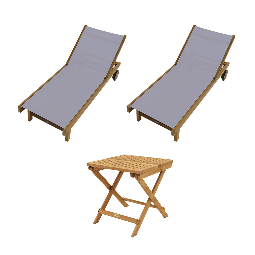 Royal Teak Collection P147 3-Piece Teak Patio Conversation Set with Sling Sundaze Loungers & 20-Inch Square Folding Picnic Table