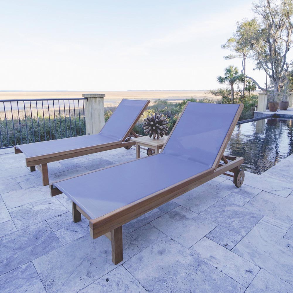 Royal Teak Collection P148 3-Piece Teak Patio Conversation Set with Sling Sundaze Loungers & 20-Inch Square Side Table