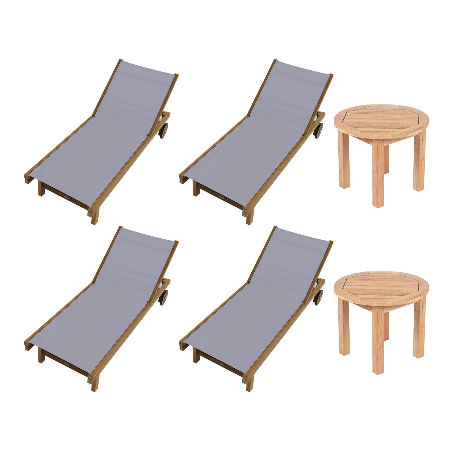 Royal Teak Collection P145 6-Piece Teak Patio Conversation Set with Sling Sundaze Loungers & 20-Inch Round Side Tables