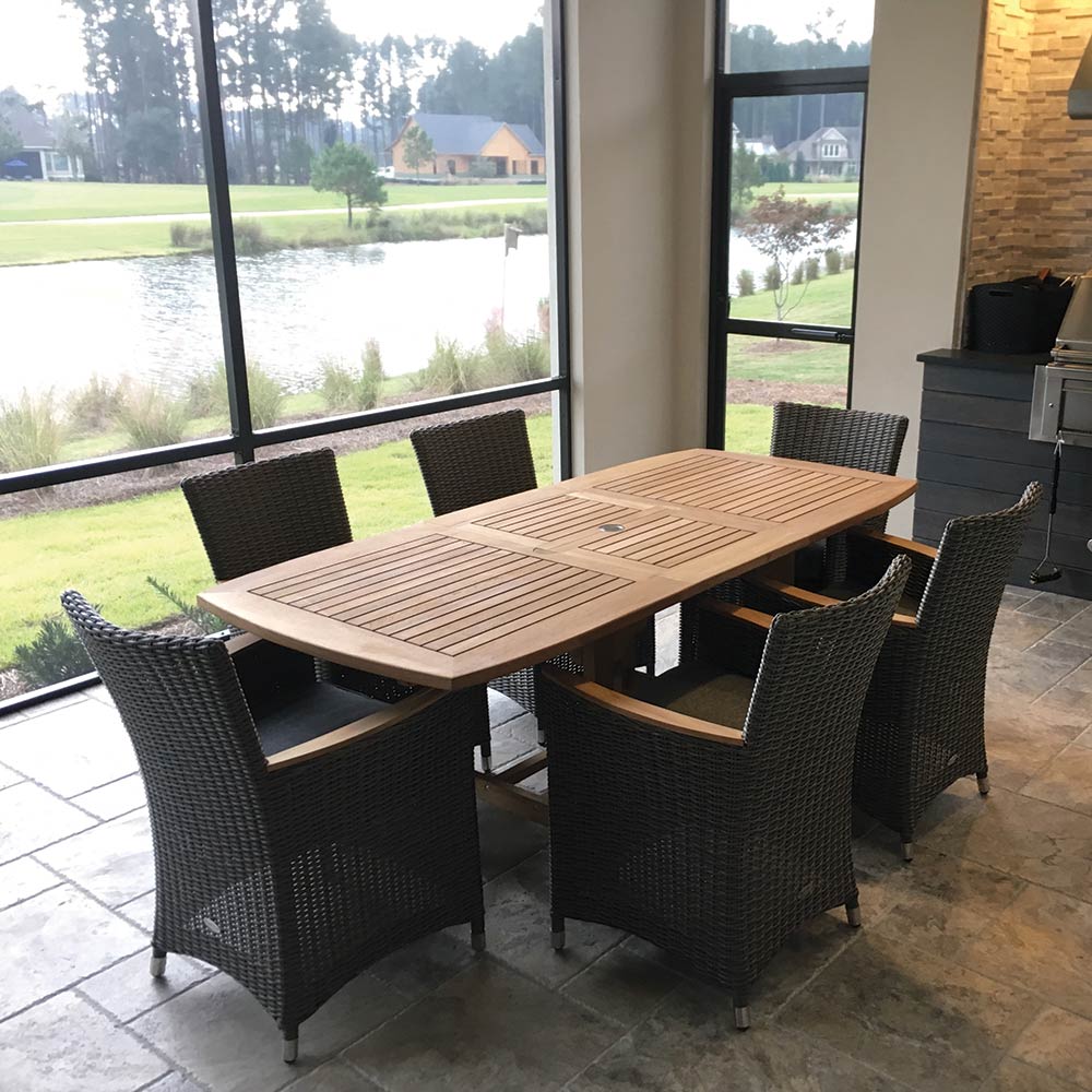 Royal Teak Collection P152 7-Piece Teak Patio Dining Set with 60/78x35-Inch Rectangular Expansion Table & Helena Full-Weave Wicker Chairs