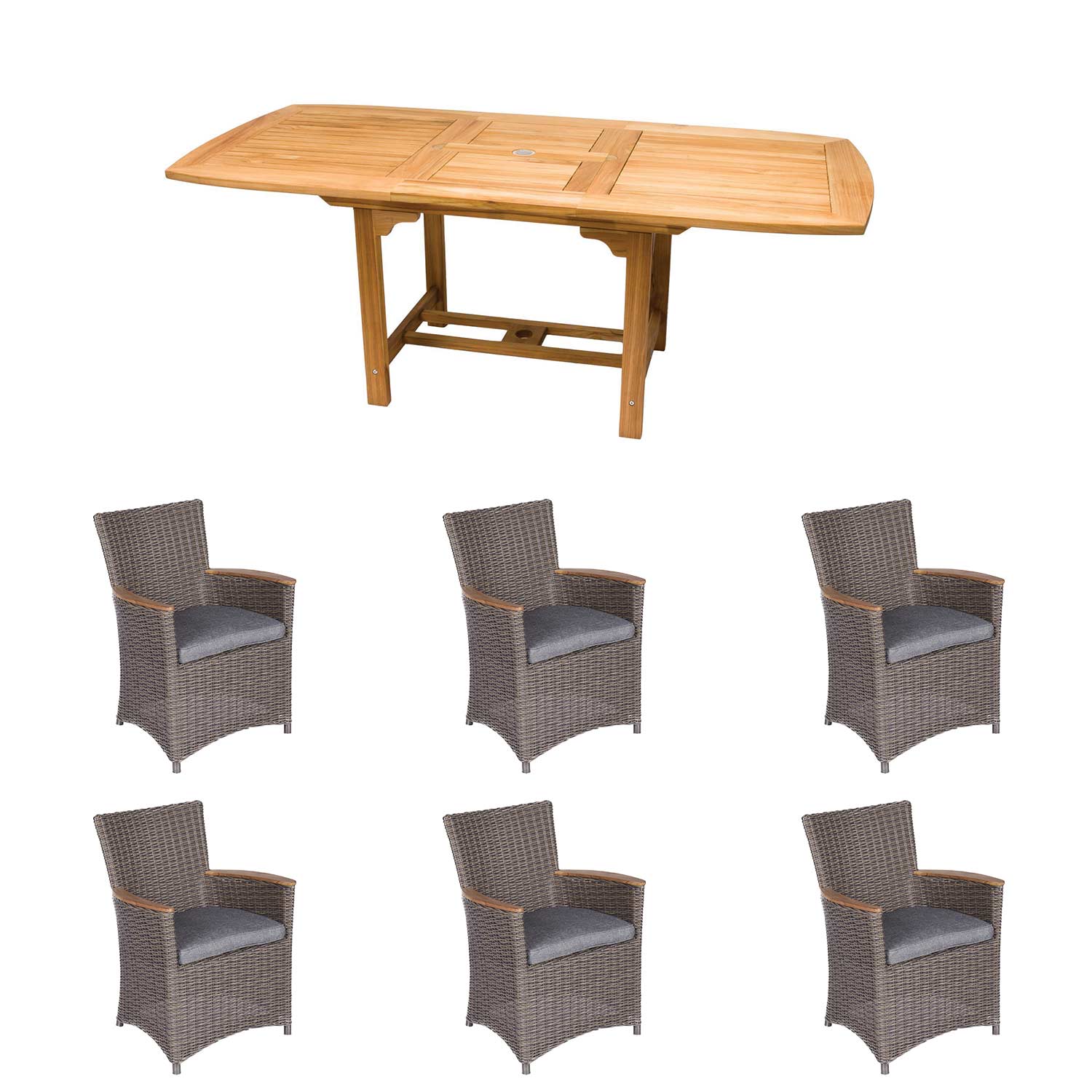 Royal Teak Collection P152 7-Piece Teak Patio Dining Set with 60/78x35-Inch Rectangular Expansion Table & Helena Full-Weave Wicker Chairs