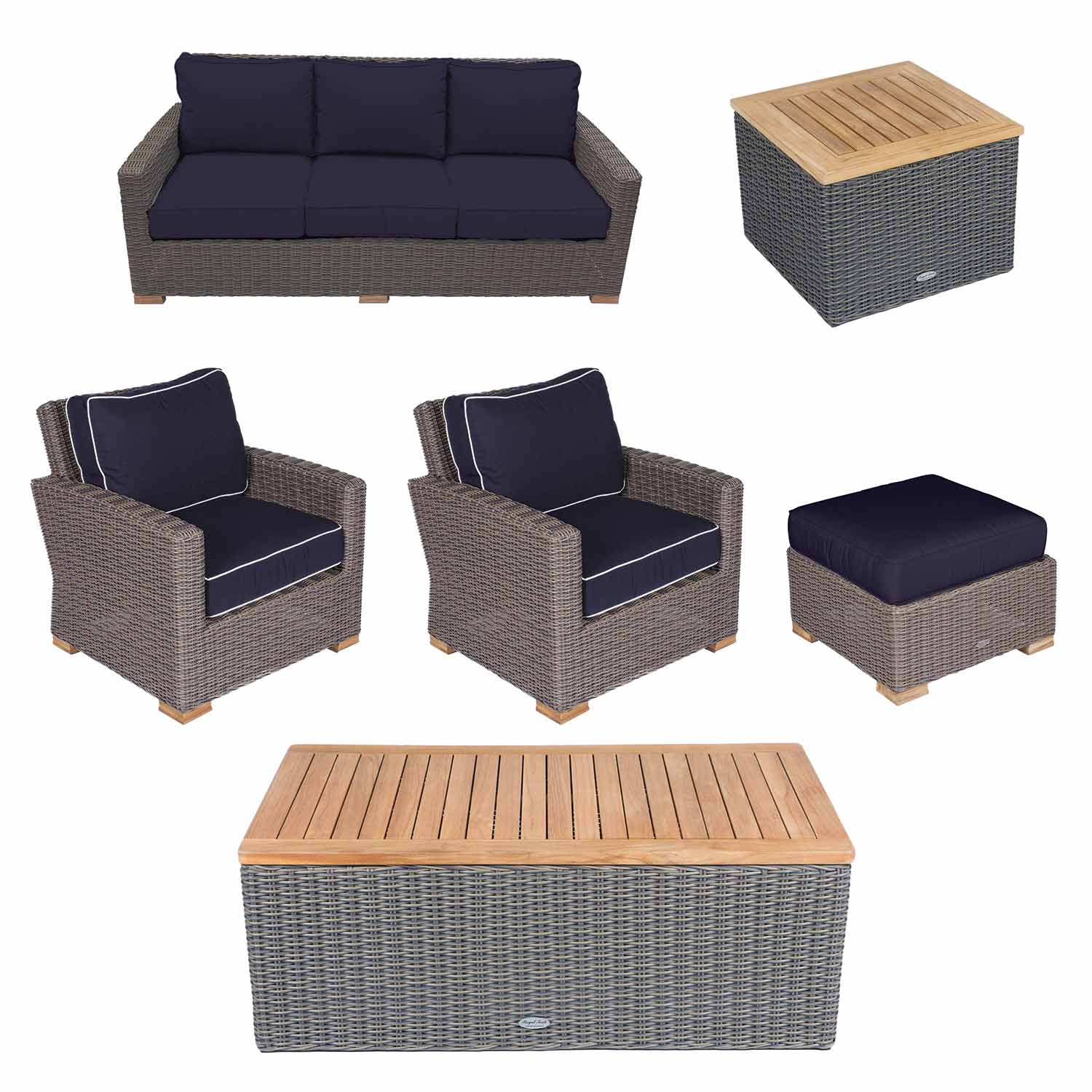 Royal Teak Collection P156 Sanibel Deep Seating 6-Piece Wicker Patio Conversation Set with Seating, Rectangular Coffee Table, Side Table & Sunbrella Cushions