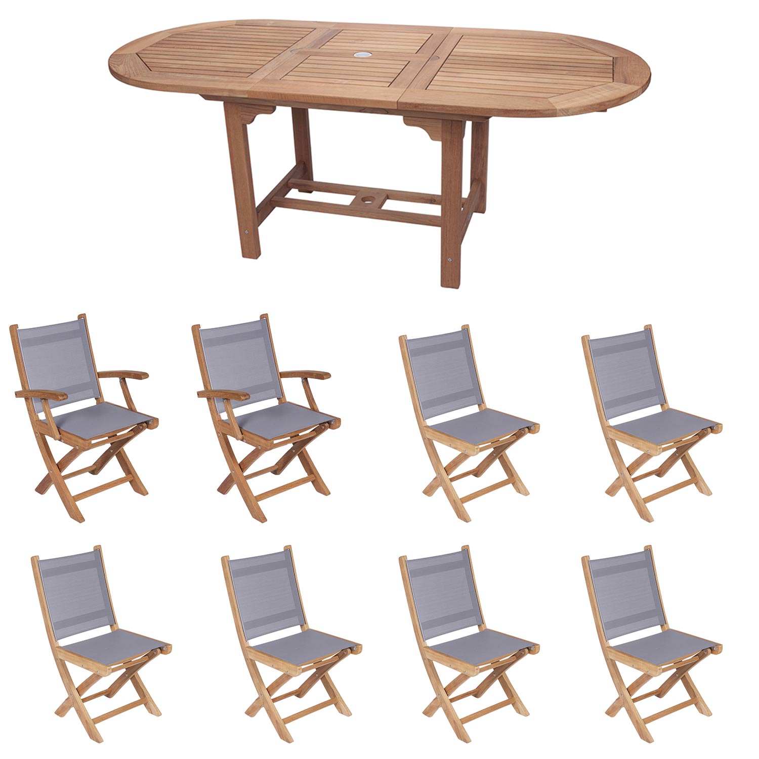 Royal Teak Collection P15 9-Piece Teak Patio Dining Set with 72/96-Inch Oval Expansion Table & Sailmate Sling Folding Chairs