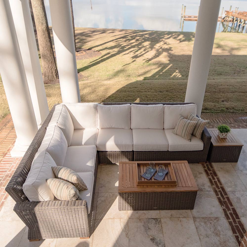 Royal Teak Collection P163 Sanibel Deep Seating 6-Piece Teak Patio Conversation Set with Sectional Seating, Rectangular Coffee Table, Side Table  & Sunbrella Cushions