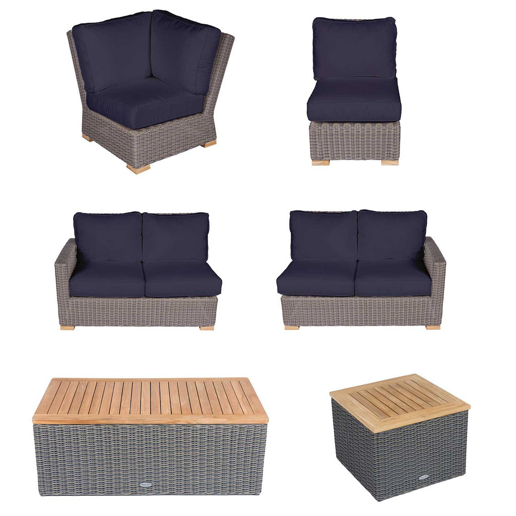 Royal Teak Collection P163 Sanibel Deep Seating 6-Piece Teak Patio Conversation Set with Sectional Seating, Rectangular Coffee Table, Side Table  & Sunbrella Cushions