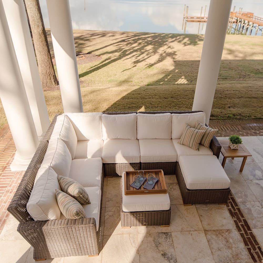 Royal Teak Collection P164 Sanibel Deep Sectional Seating 7-Piece Wicker Patio Conversation Set with Sectional Seating, Miami Side Table & Sunbrella Cushions