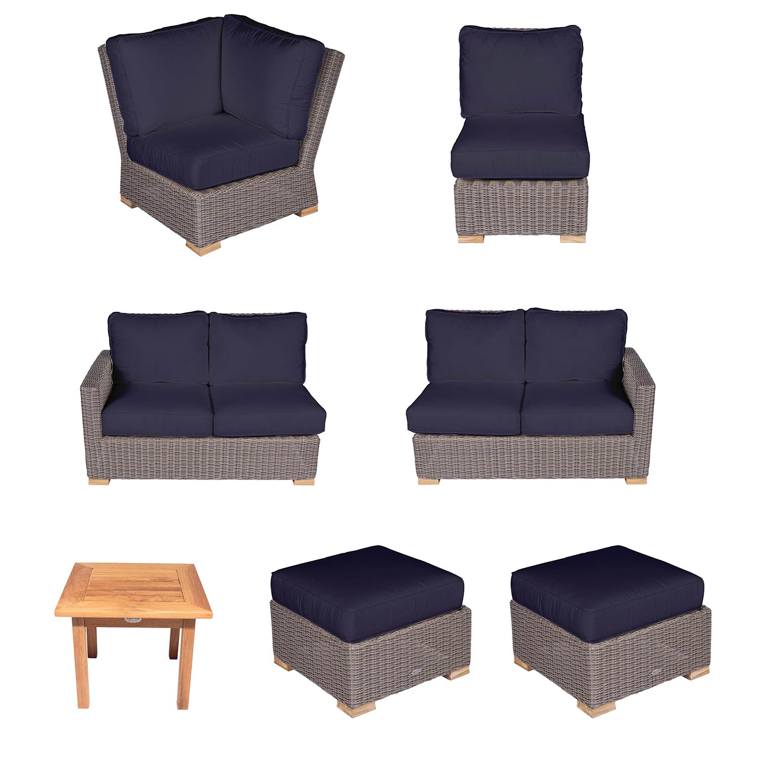 Royal Teak Collection P164 Sanibel Deep Sectional Seating 7-Piece Wicker Patio Conversation Set with Sectional Seating, Miami Side Table & Sunbrella Cushions