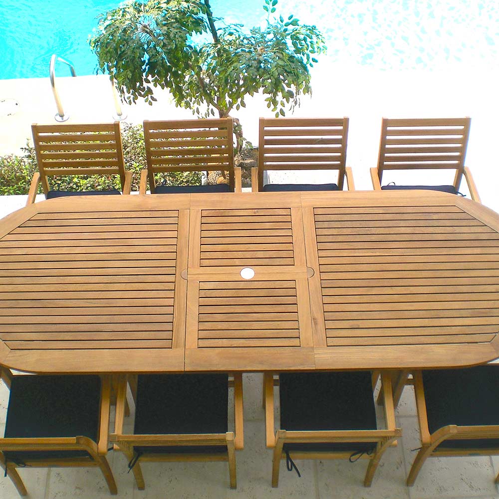Royal Teak Collection P21 9-Piece Teak Patio Dining Set with 96/120-Inch Oval Expansion Table & Avant Stacking Chairs