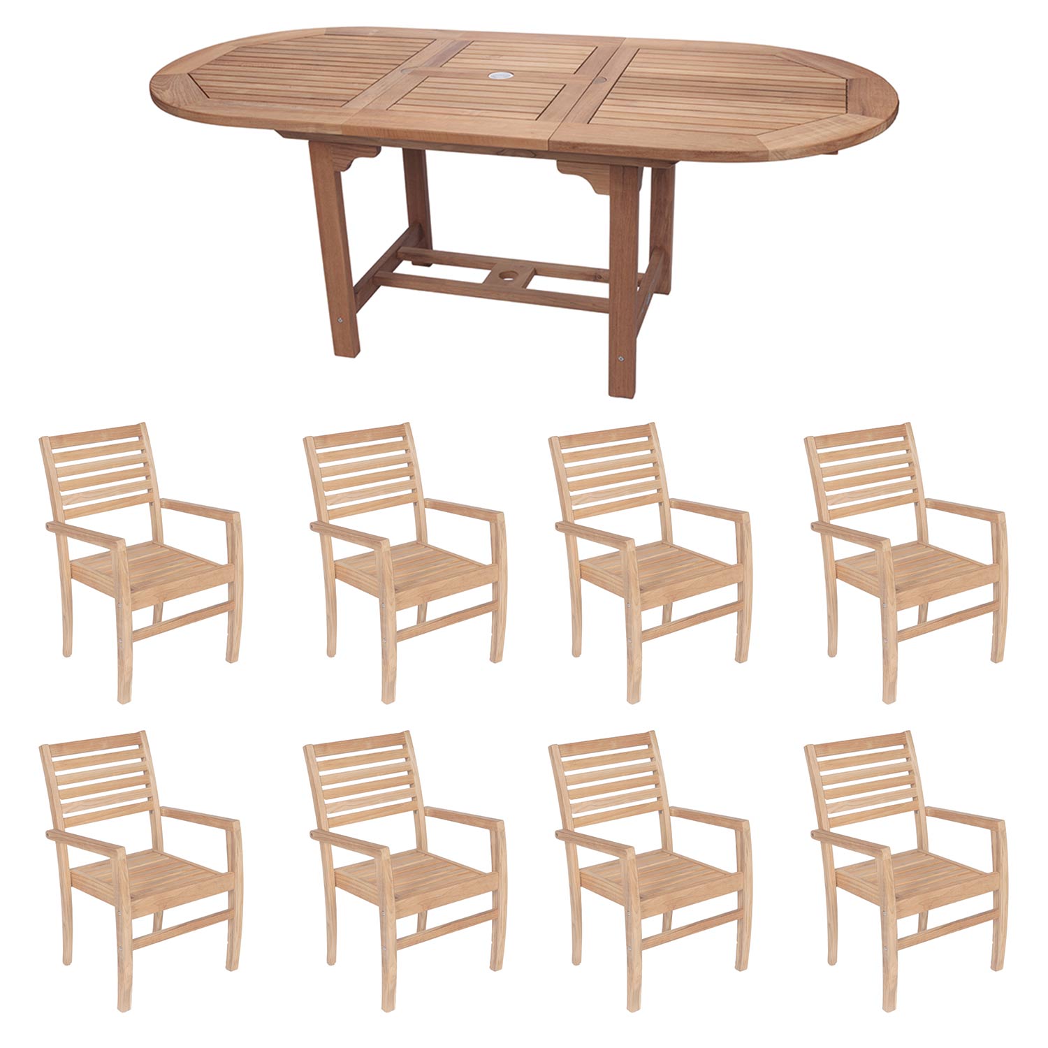 Royal Teak Collection P21 9-Piece Teak Patio Dining Set with 96/120-Inch Oval Expansion Table & Avant Stacking Chairs