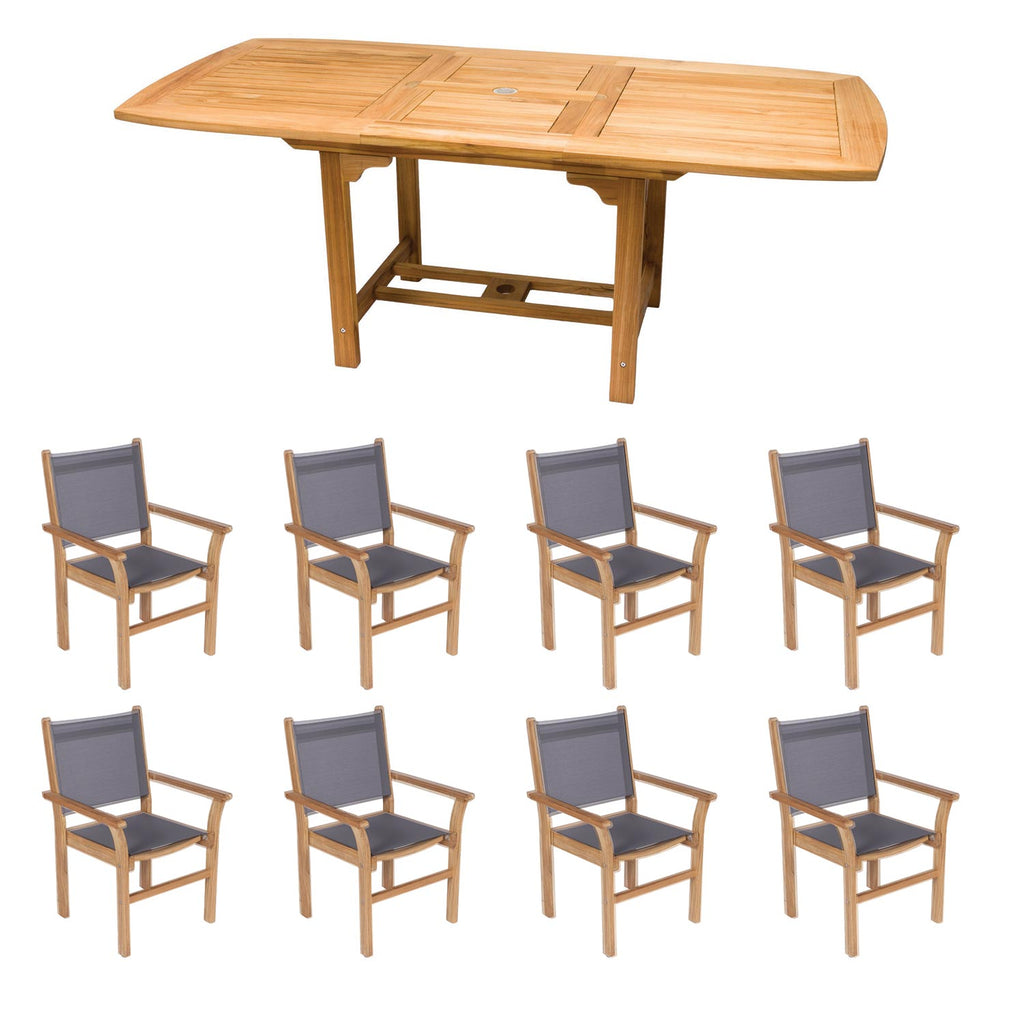 Royal Teak Collection P22 9-Piece Teak Patio Dining Set with 96/120x44-Inch Rectangular Expansion Table & Captiva Sling Stacking Chairs