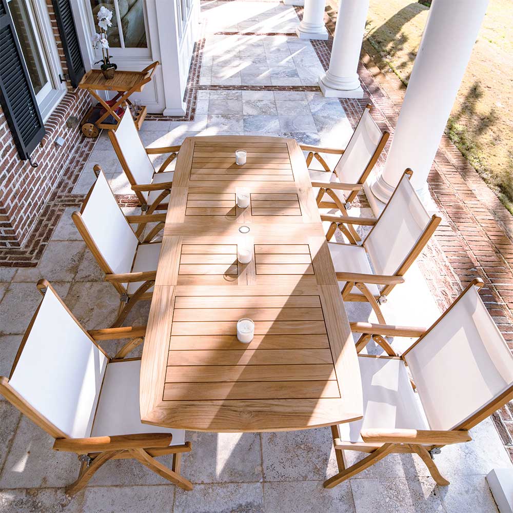 Royal Teak Collection P23 7-Piece Teak Patio Dining Set with 64/80/96x39.5-Inch Double Leaf Rectangular Expansion Table & Florida Sling Reclining Chairs