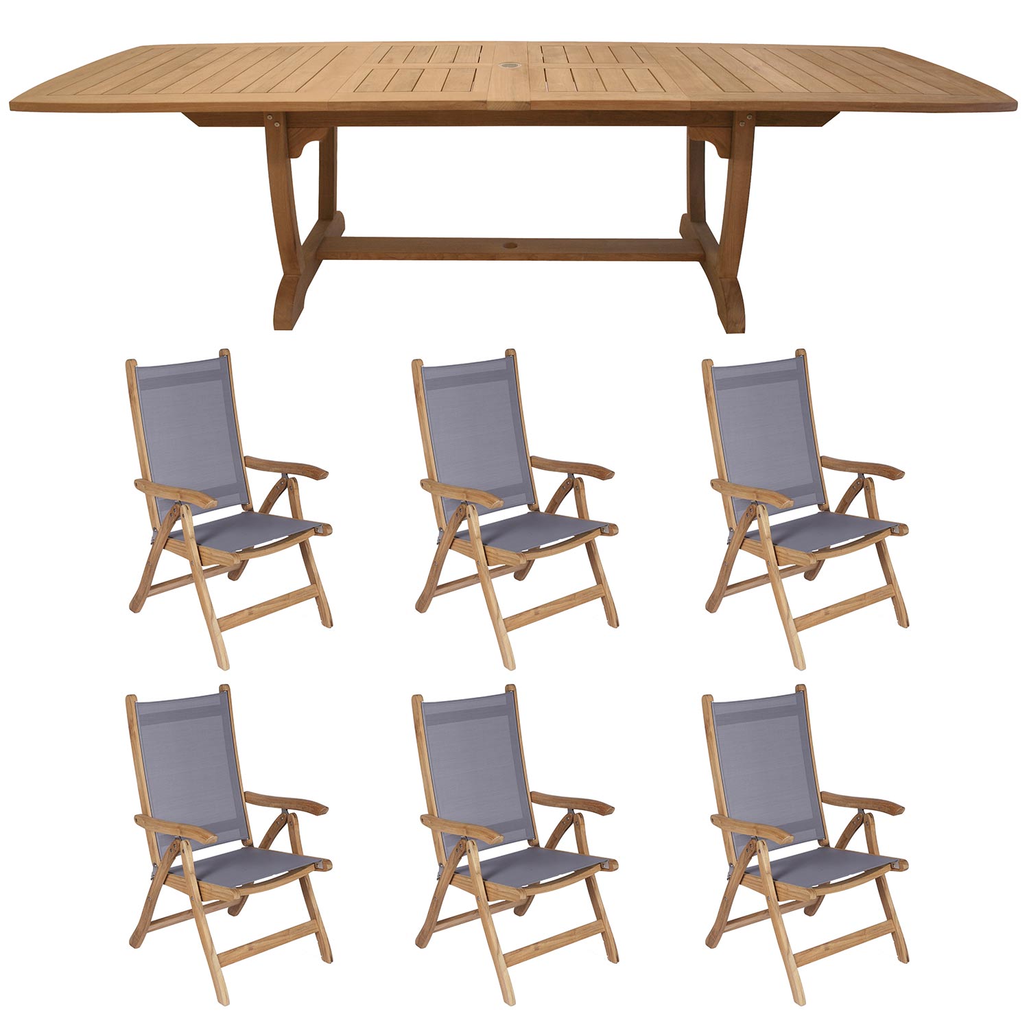 Royal Teak Collection P23 7-Piece Teak Patio Dining Set with 64/80/96x39.5-Inch Double Leaf Rectangular Expansion Table & Florida Sling Reclining Chairs