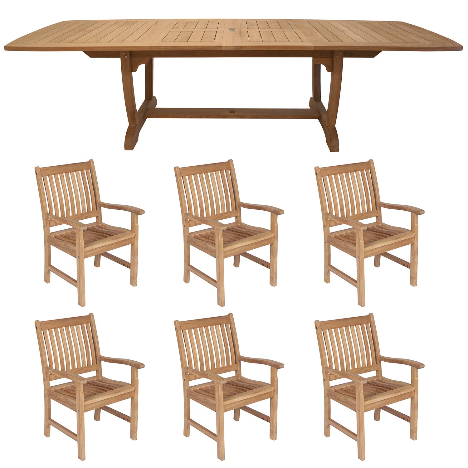 Royal Teak Collection P25 7-Piece Teak Patio Dining Set with 64/80/96x39.5-Inch Double Leaf Rectangular Expansion Table & Compass Arm Chairs