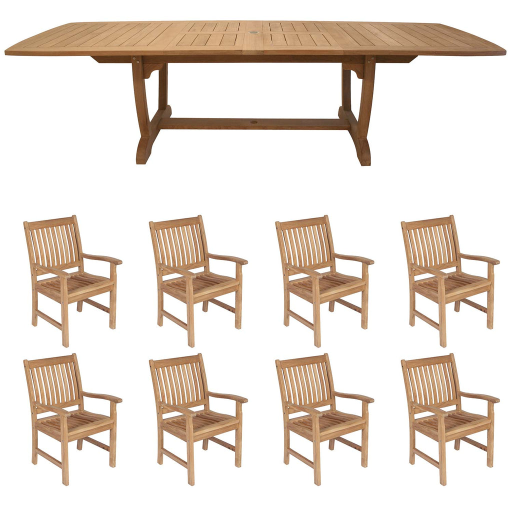 Royal Teak Collection P28 9-Piece Teak Patio Dining Set with 84/102/120x43.5-Inch Double Leaf Rectangular Expansion Table & Compass Arm Chairs