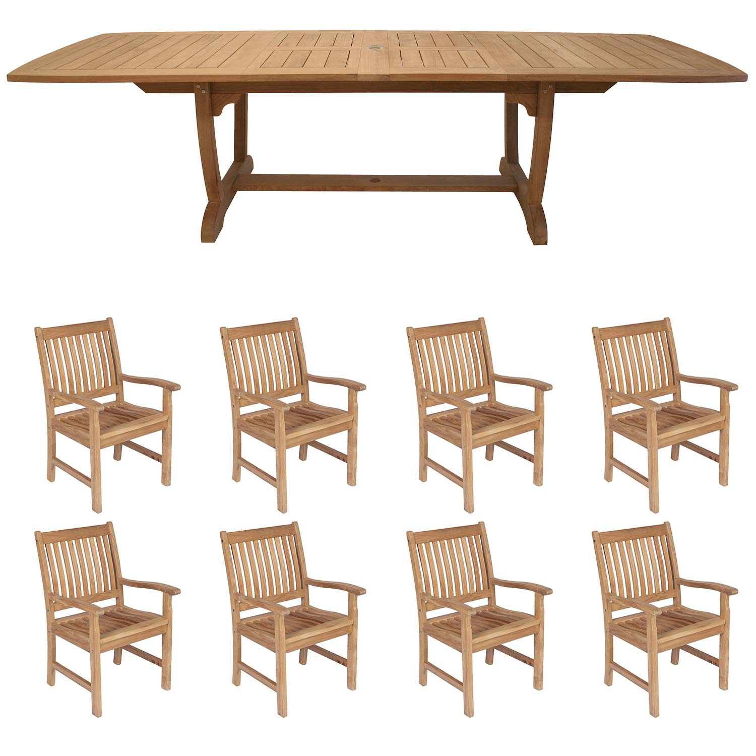 Royal Teak Collection P28 9-Piece Teak Patio Dining Set with 84/102/120x43.5-Inch Double Leaf Rectangular Expansion Table & Compass Arm Chairs
