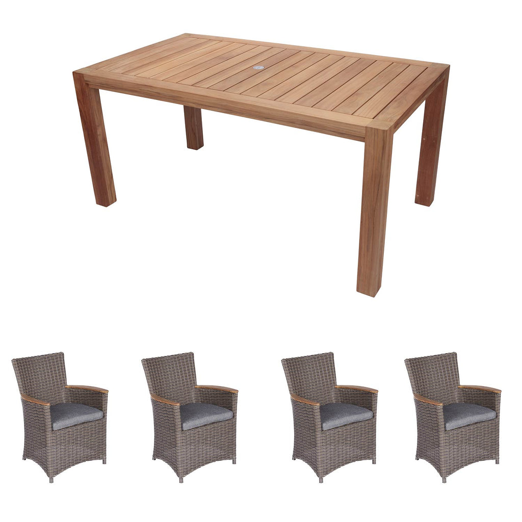 Royal Teak Collection P34 5-Piece Teak Patio Dining Set with 63x35-Inch Rectangular Table & Helena Full-Weave Wicker Chairs