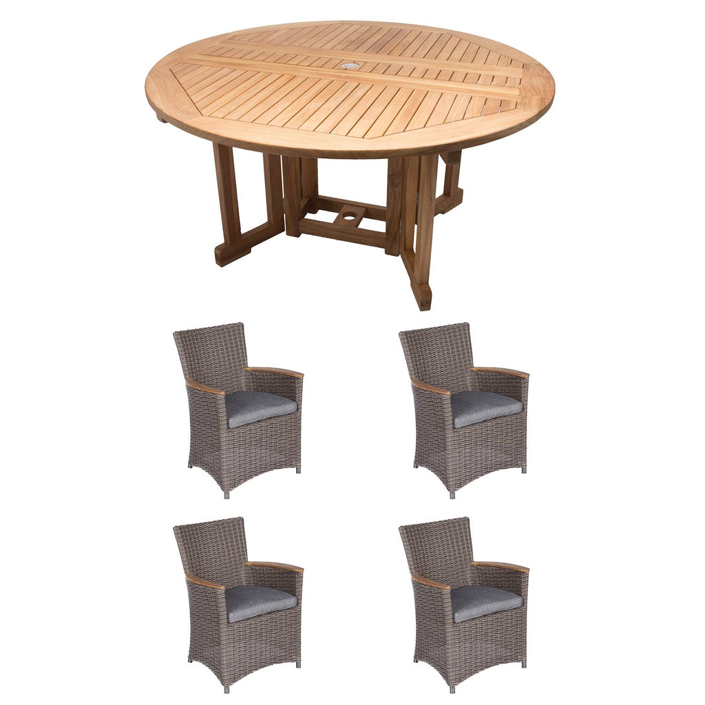 Royal Teak Collection P41 5-Piece Teak Patio Dining Set with 60-Inch Round Drop Leaf Table & Helena Full-Weave Wicker Chairs