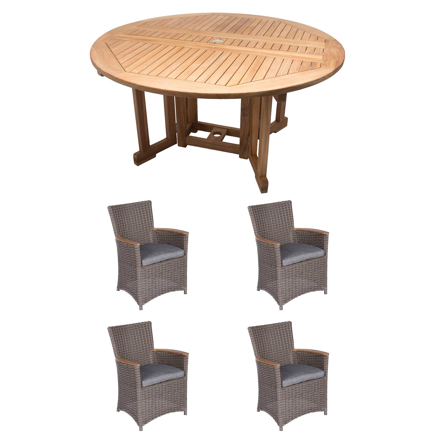 Royal Teak Collection P41 5-Piece Teak Patio Dining Set with 60-Inch Round Drop Leaf Table & Helena Full-Weave Wicker Chairs