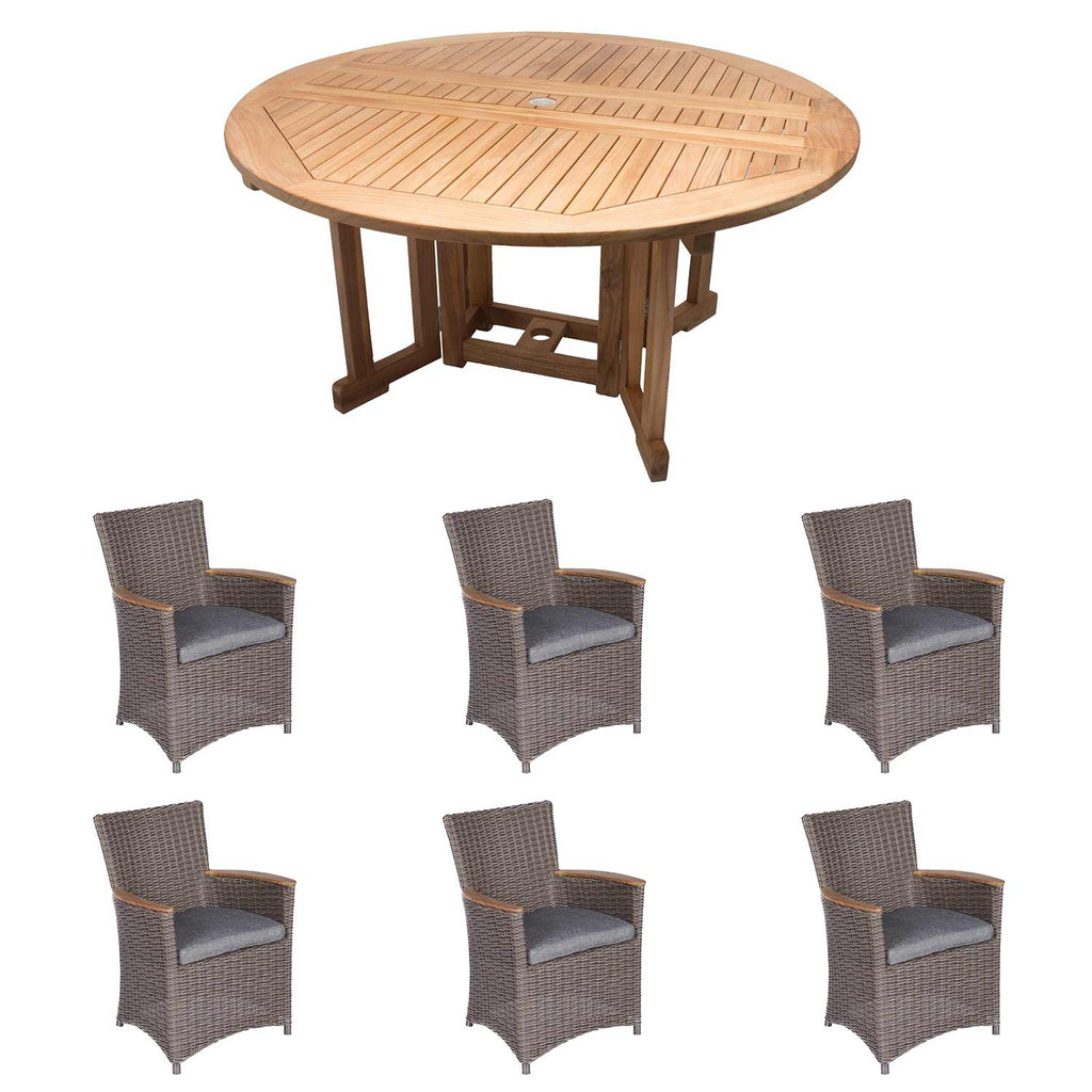 Royal Teak Collection P43 7-Piece Teak Patio Dining Set with 72-Inch Round Drop Leaf Table & Helena Full-Weave Wicker Chairs