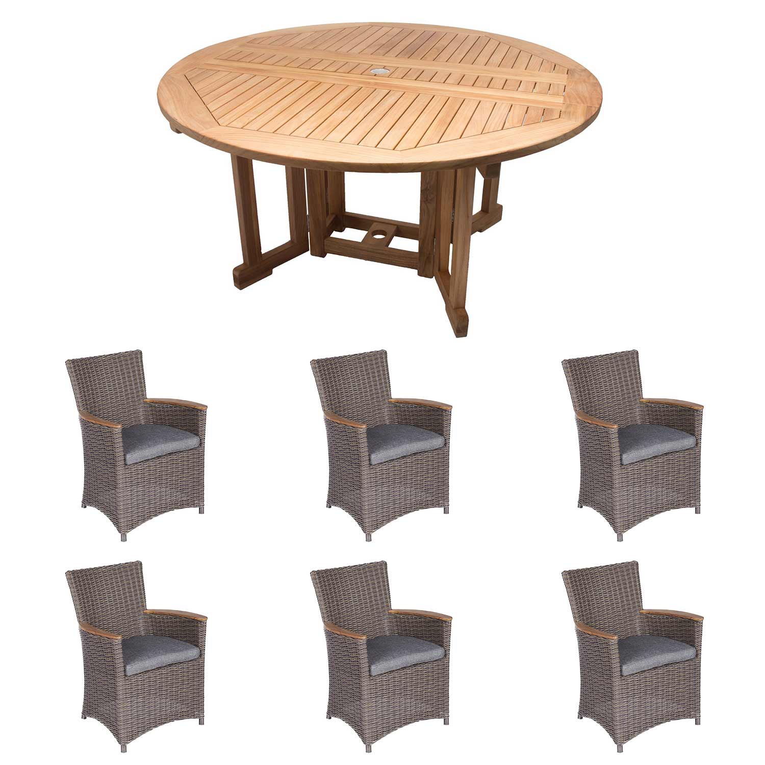 Royal Teak Collection P43 7-Piece Teak Patio Dining Set with 72-Inch Round Drop Leaf Table & Helena Full-Weave Wicker Chairs