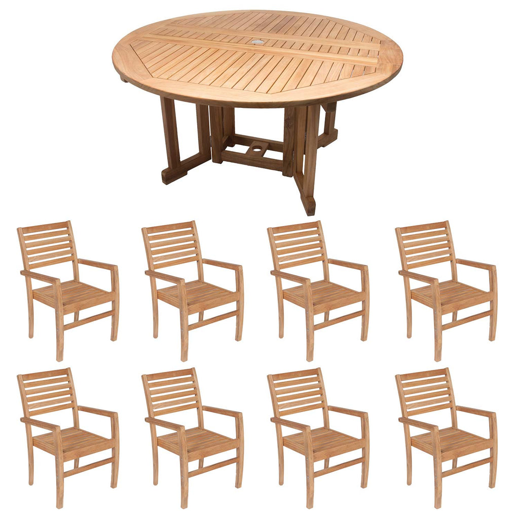 Royal Teak Collection P44 9-Piece Teak Patio Dining Set with 72-Inch Round Drop Leaf Table & Avant Stacking Chairs