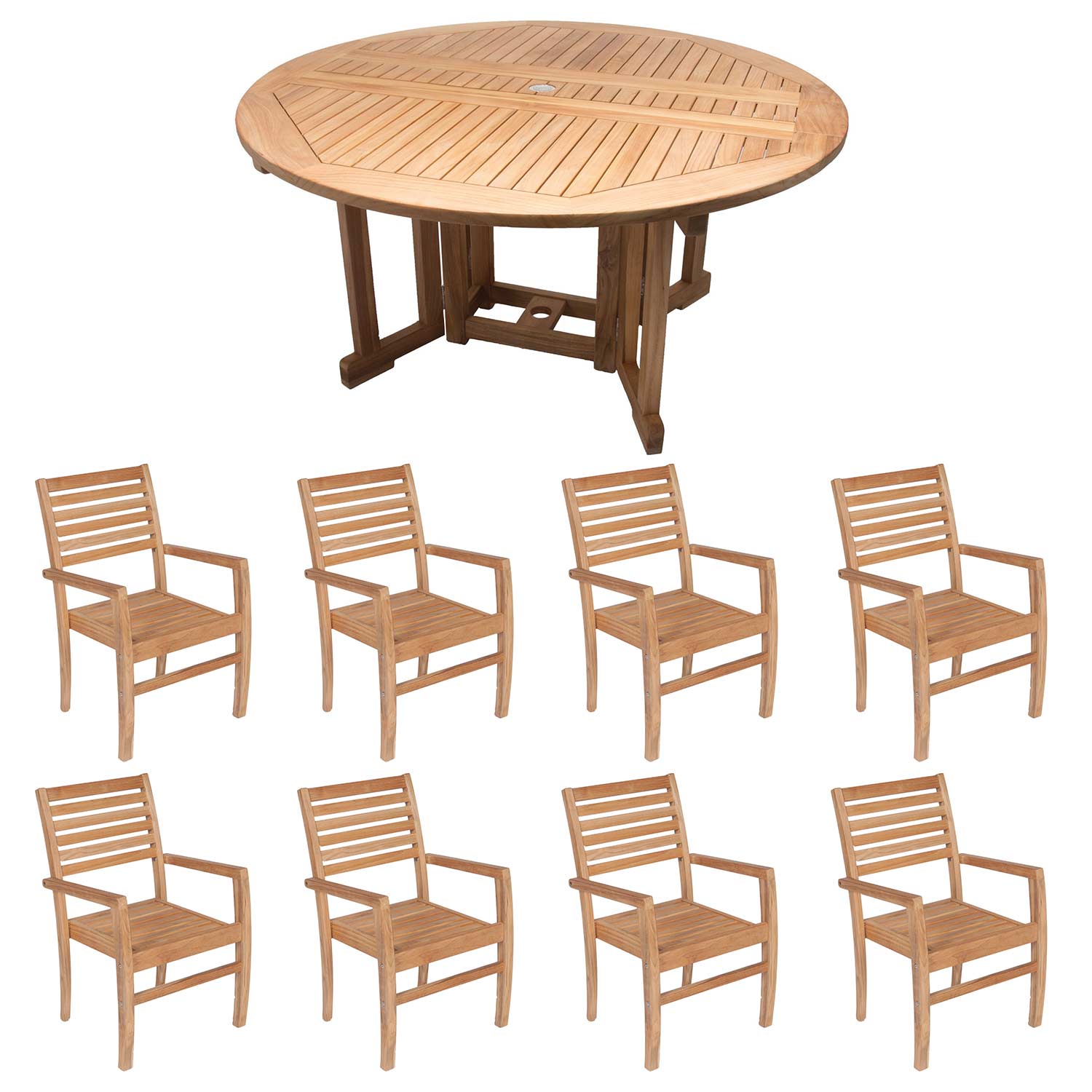 Royal Teak Collection P44 9-Piece Teak Patio Dining Set with 72-Inch Round Drop Leaf Table & Avant Stacking Chairs