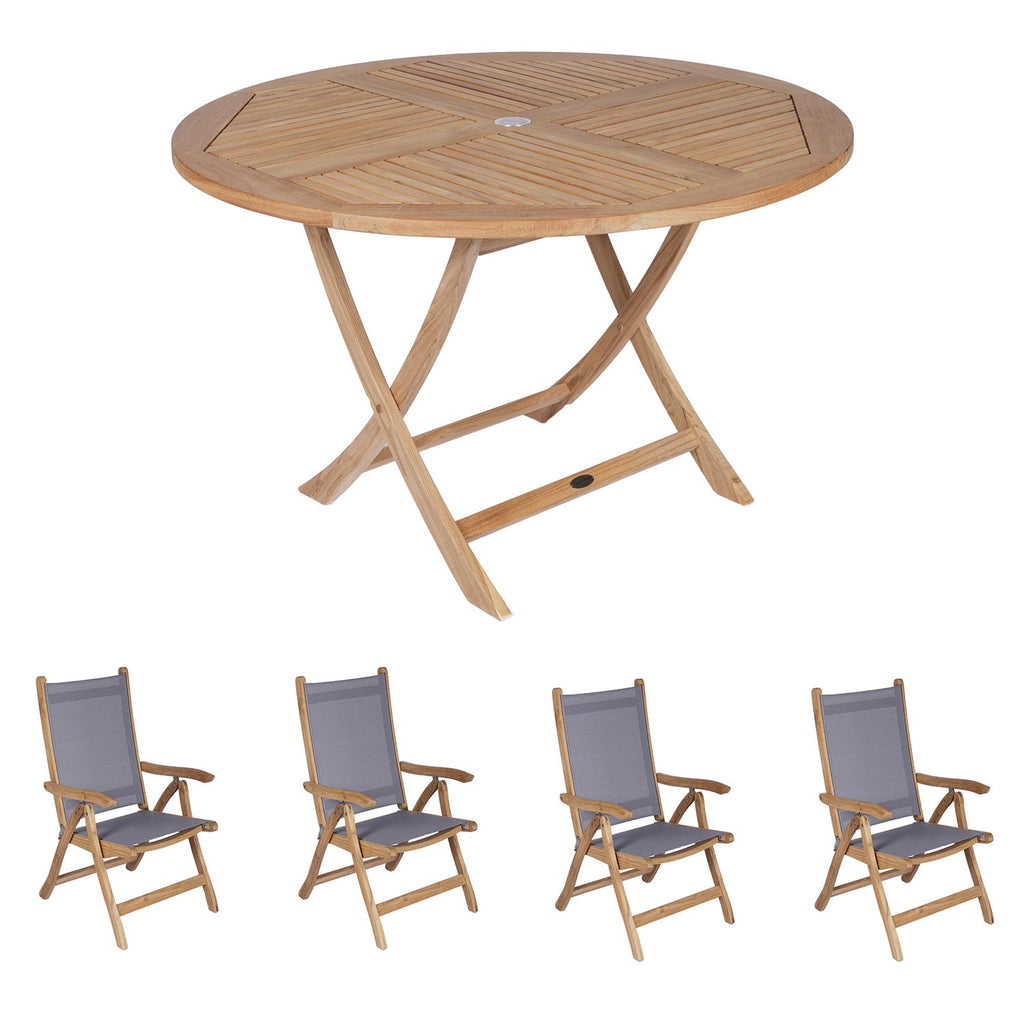 Royal Teak Collection P47 5-Piece Teak Patio Dining Set with 47-Inch Sailor Round Folding Table & Florida Sling Reclining Chairs