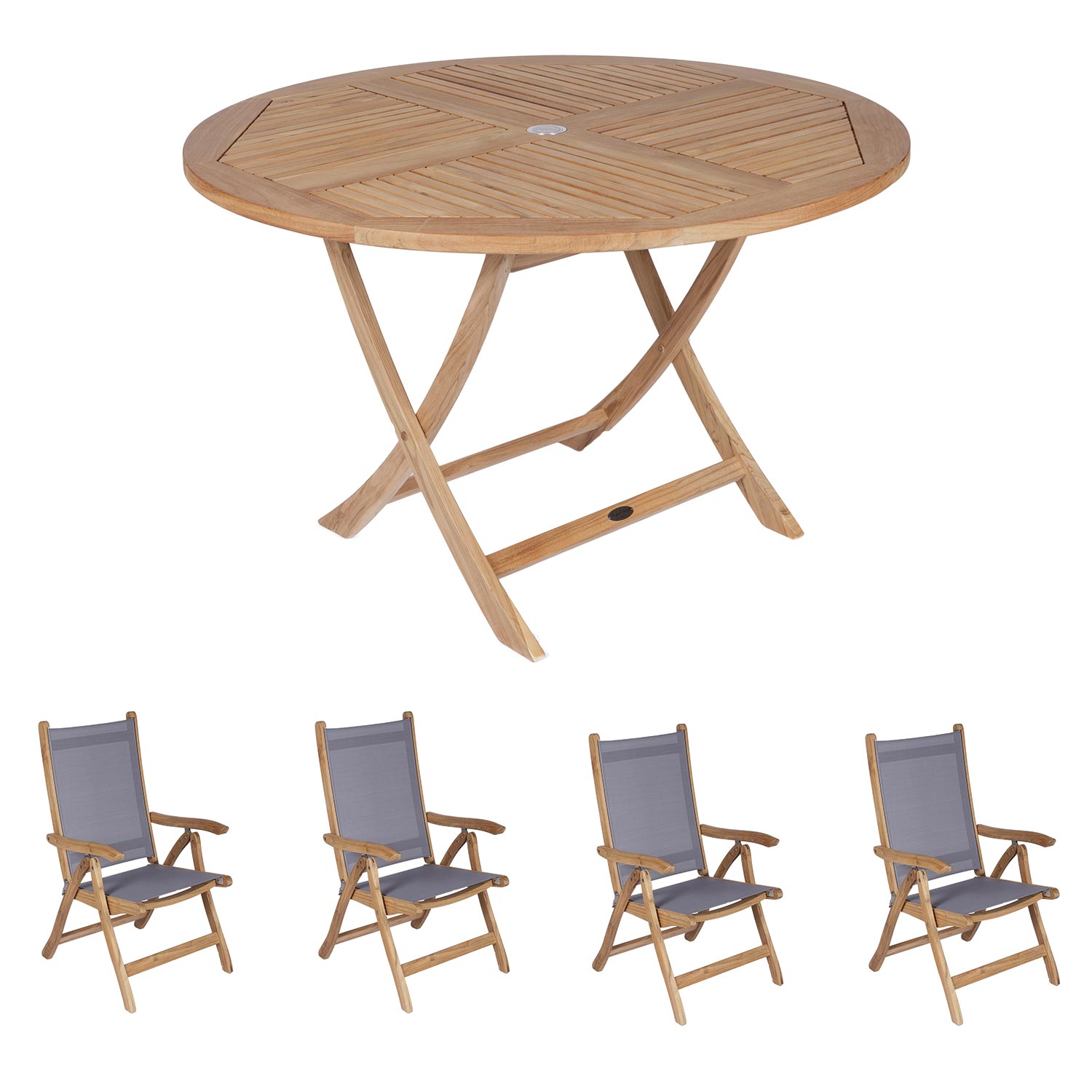 Royal Teak Collection P47 5-Piece Teak Patio Dining Set with 47-Inch Sailor Round Folding Table & Florida Sling Reclining Chairs