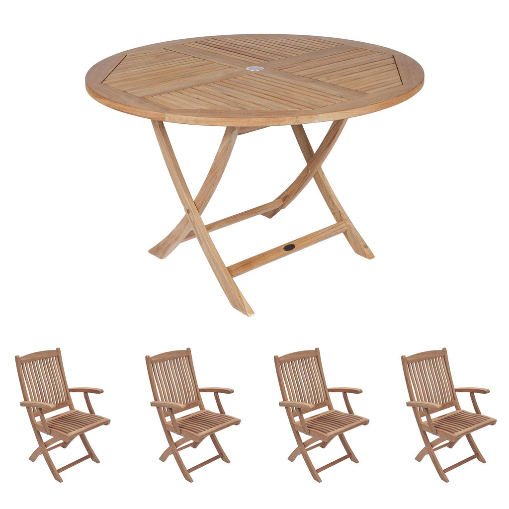 Royal Teak Collection P48 5-Piece Teak Patio Dining Set with 47-Inch Sailor Round Folding Table & Sailor Folding Arm Chairs