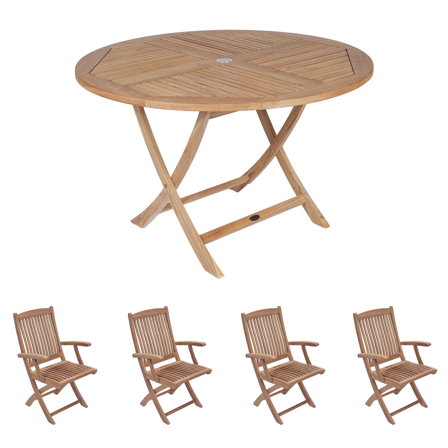 Royal Teak Collection P48 5-Piece Teak Patio Dining Set with 47-Inch Sailor Round Folding Table & Sailor Folding Arm Chairs