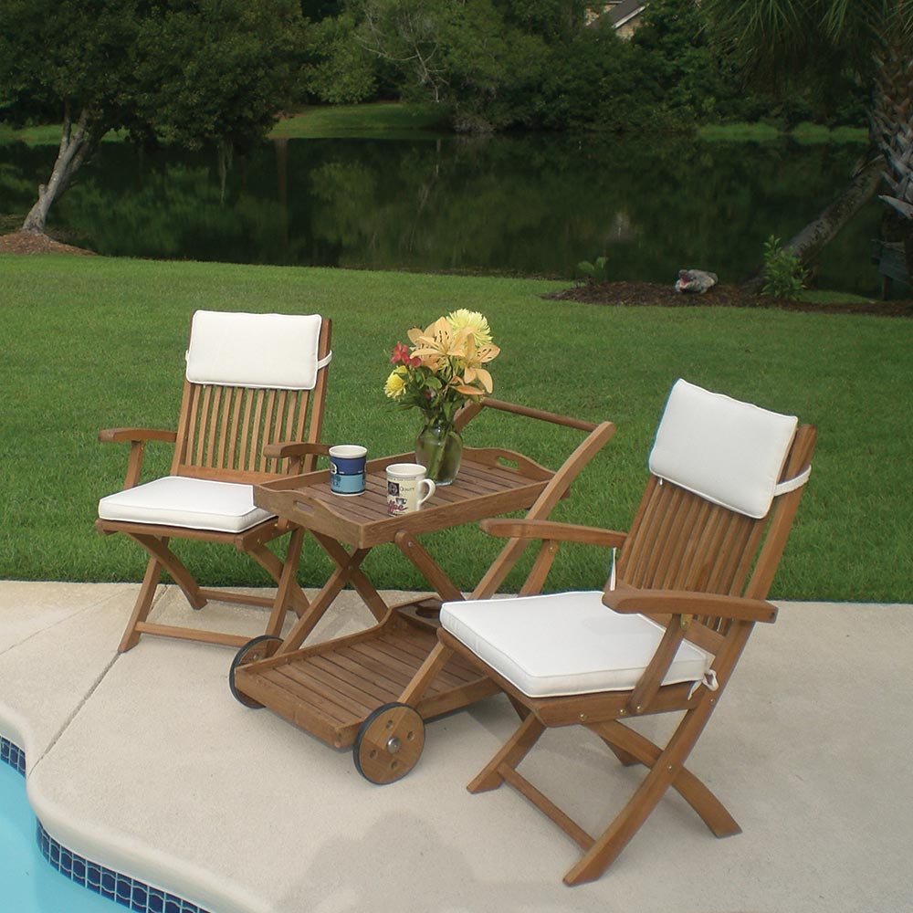 Royal Teak Collection P57 3-Piece Teak Patio Conversation Set with 36x21.5-Inch Tray Cart & Sailor Folding Arm Chairs