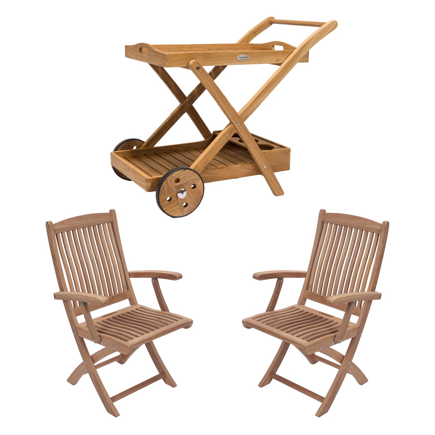 Royal Teak Collection P57 3-Piece Teak Patio Conversation Set with 36x21.5-Inch Tray Cart & Sailor Folding Arm Chairs