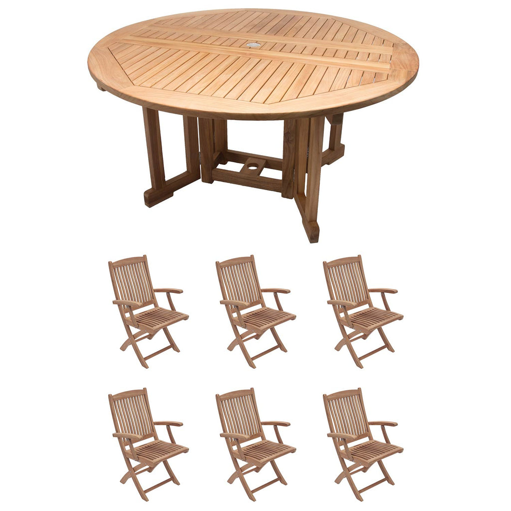 Royal Teak Collection P59 7-Piece Teak Patio Dining Set with 60-Inch Round Drop Leaf Table & Sailor Folding Arm Chairs
