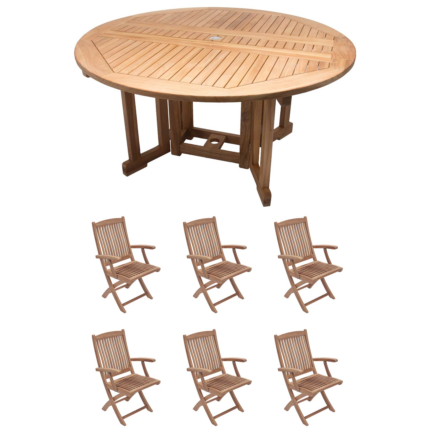 Royal Teak Collection P59 7-Piece Teak Patio Dining Set with 60-Inch Round Drop Leaf Table & Sailor Folding Arm Chairs