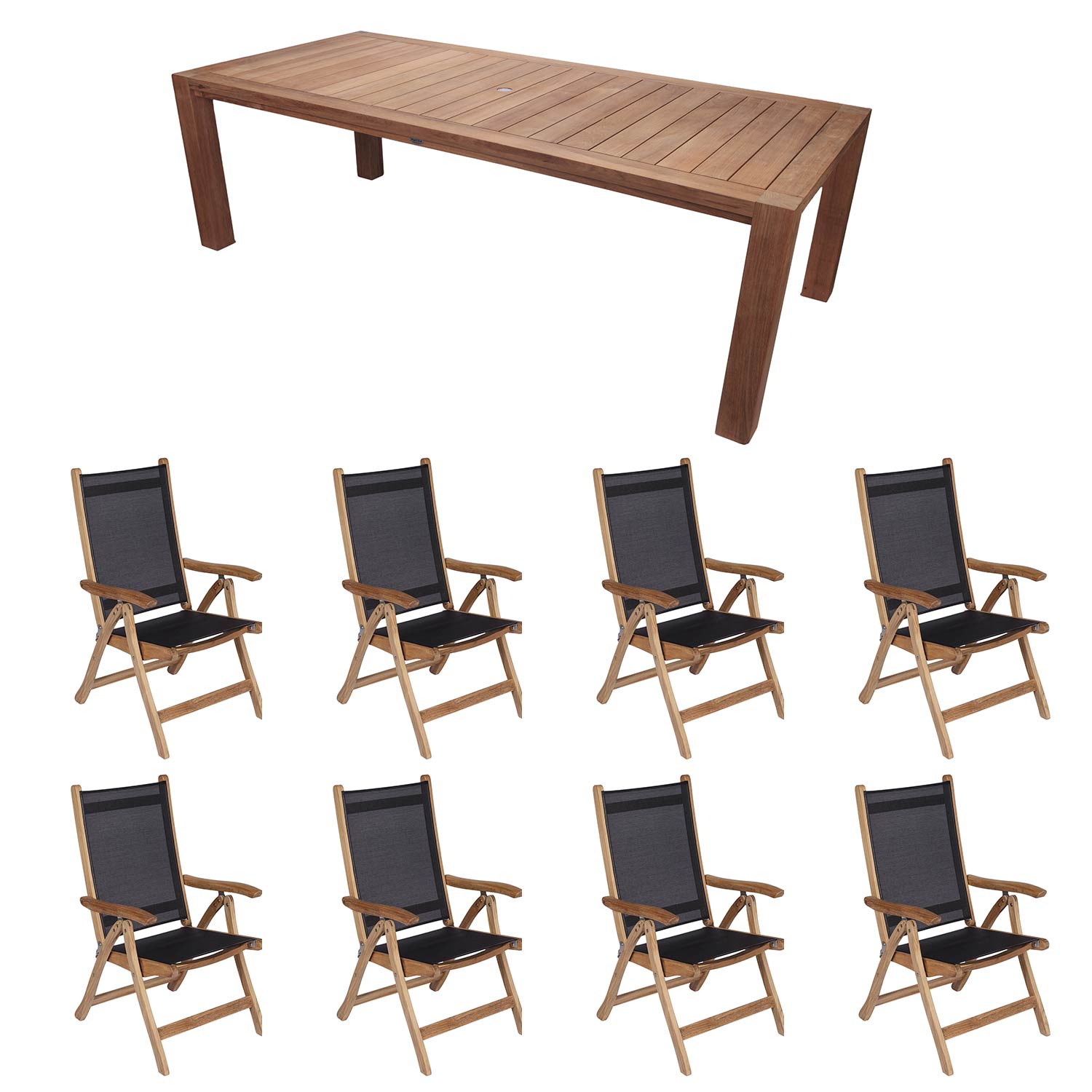 Royal Teak Collection P75 9-Piece Teak Patio Dining Set with 96x44-Inch Rectangular Table & Florida Sling Reclining Chairs
