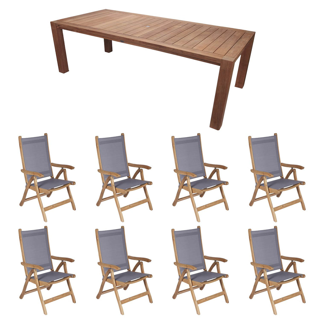 Royal Teak Collection P75 9-Piece Teak Patio Dining Set with 96x44-Inch Rectangular Table & Florida Sling Reclining Chairs