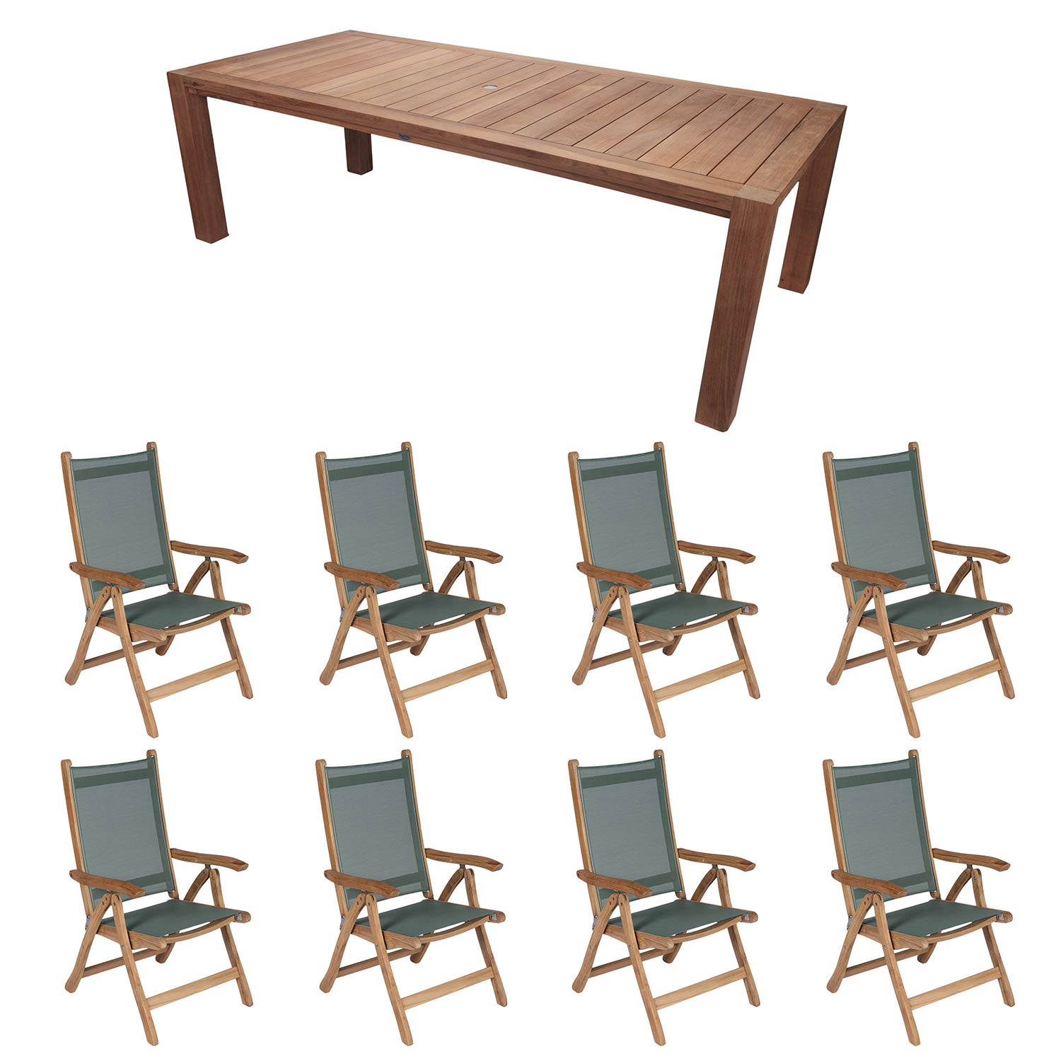 Royal Teak Collection P75 9-Piece Teak Patio Dining Set with 96x44-Inch Rectangular Table & Florida Sling Reclining Chairs