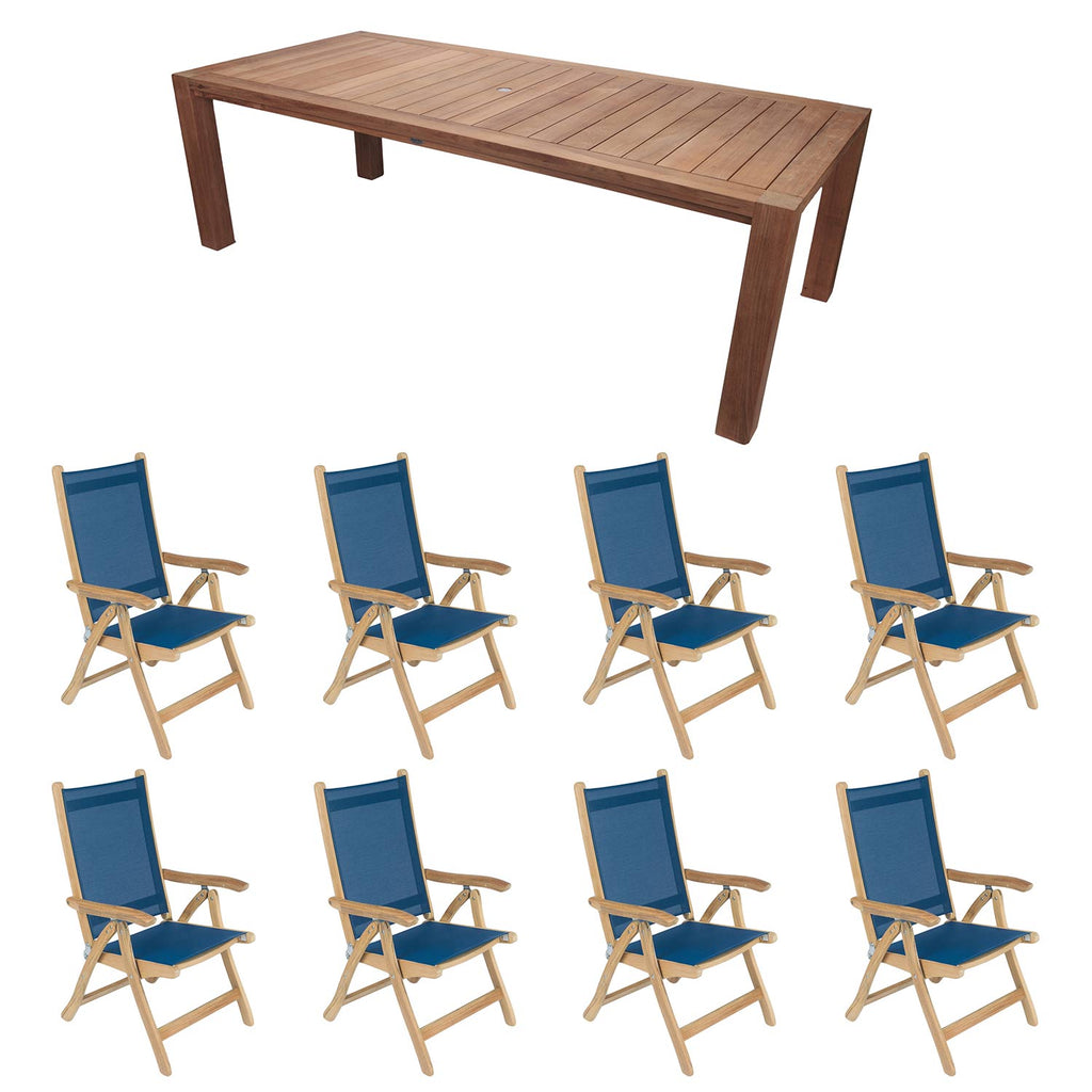 Royal Teak Collection P75 9-Piece Teak Patio Dining Set with 96x44-Inch Rectangular Table & Florida Sling Reclining Chairs