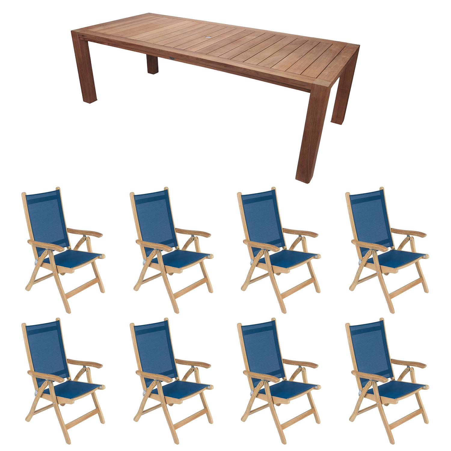 Royal Teak Collection P75 9-Piece Teak Patio Dining Set with 96x44-Inch Rectangular Table & Florida Sling Reclining Chairs