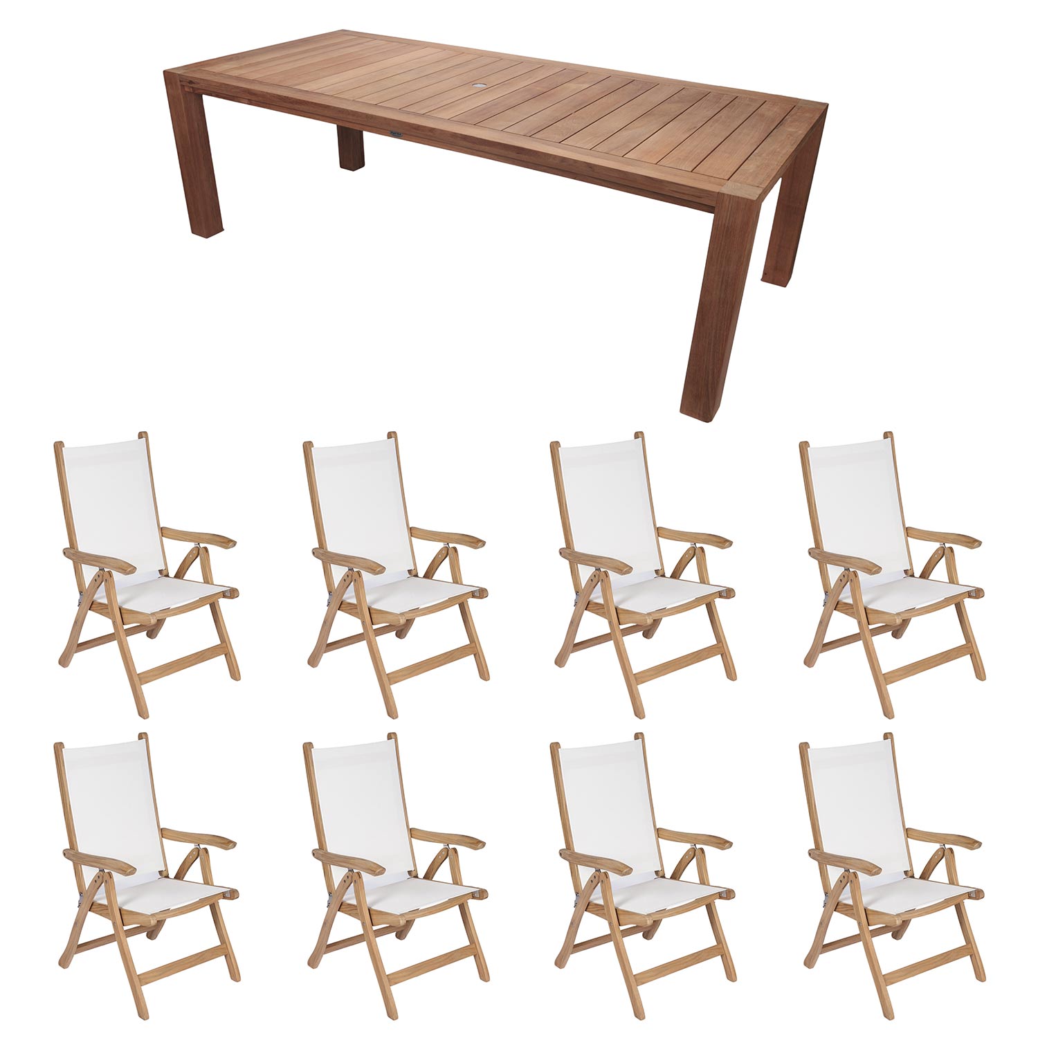 Royal Teak Collection P75 9-Piece Teak Patio Dining Set with 96x44-Inch Rectangular Table & Florida Sling Reclining Chairs