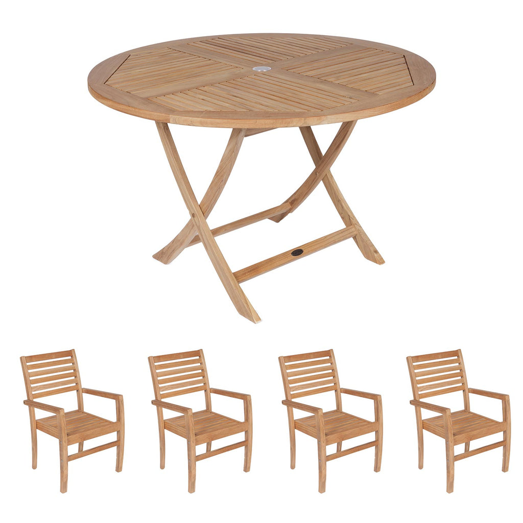 Royal Teak Collection P83 5-Piece Teak Patio Dining Set with 47-Inch Sailor Round Folding Table & Avant Stacking Chairs