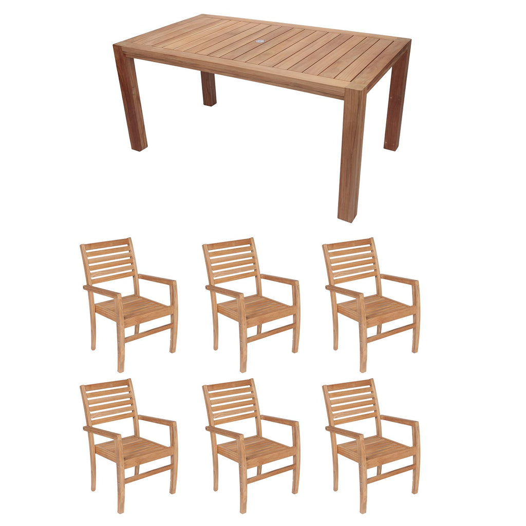 Royal Teak Collection P86 7-Piece Teak Patio Dining Set with 63x35-Inch Rectangular Table & Avant Stacking Chairs