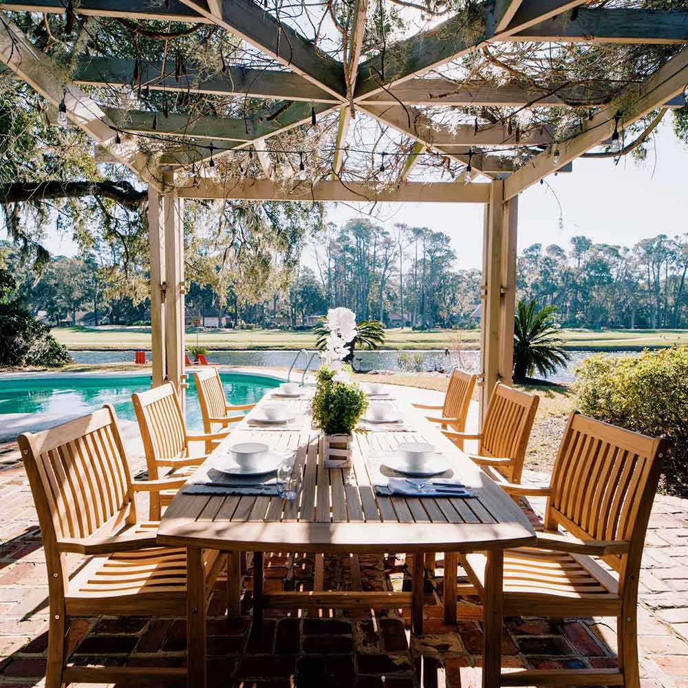 Royal Teak Collection P91 7-Piece Teak Patio Dining Set with 96/120x44-Inch Rectangular Expansion Table & Compass Arm Chairs