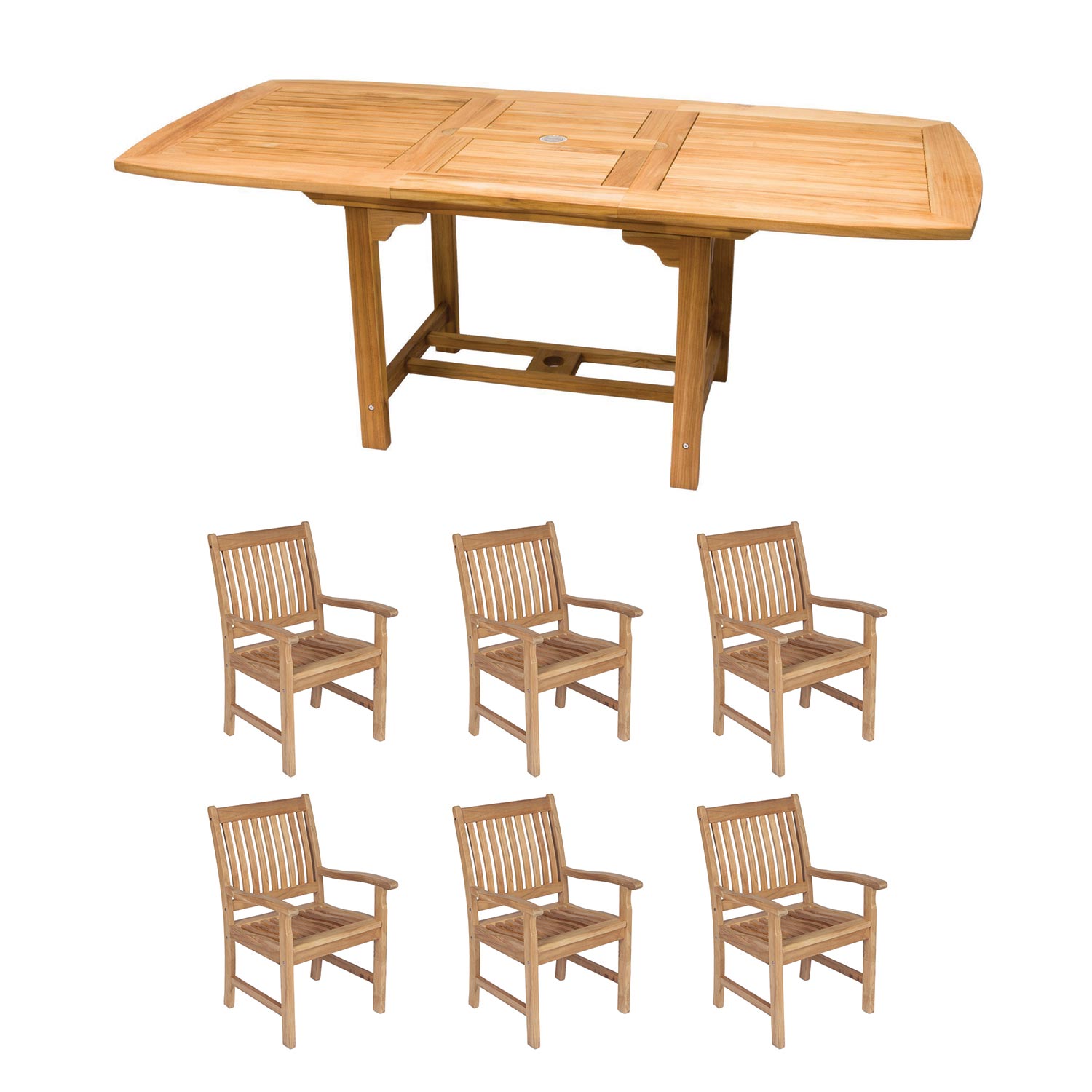 Royal Teak Collection P91 7-Piece Teak Patio Dining Set with 96/120x44-Inch Rectangular Expansion Table & Compass Arm Chairs