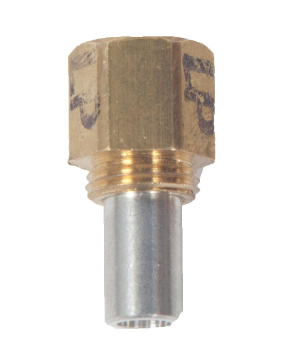 Pilot burner orifice fitting with brass threads and silver body, hex cap