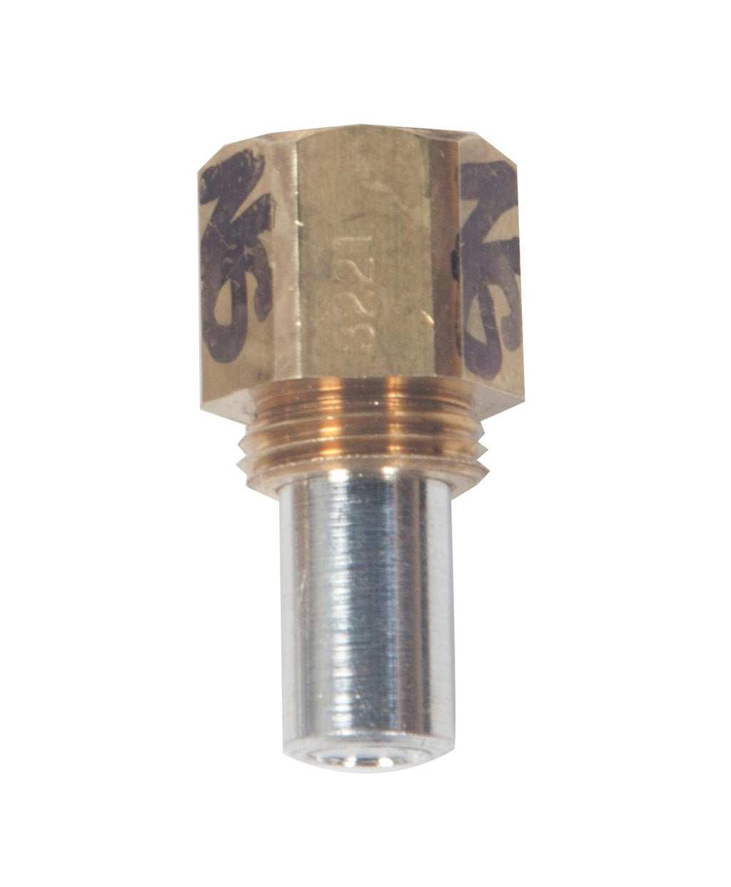 Pilot burner orifice fitting with brass top and silver stem, hex head
