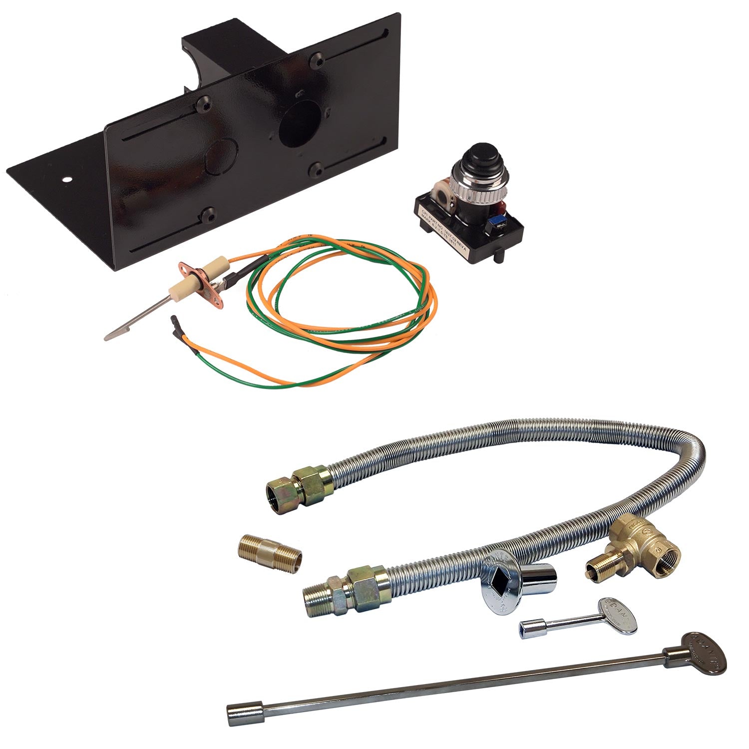 Spark ignition kit with mounting bracket, push button switch, flex gas line and fittings
