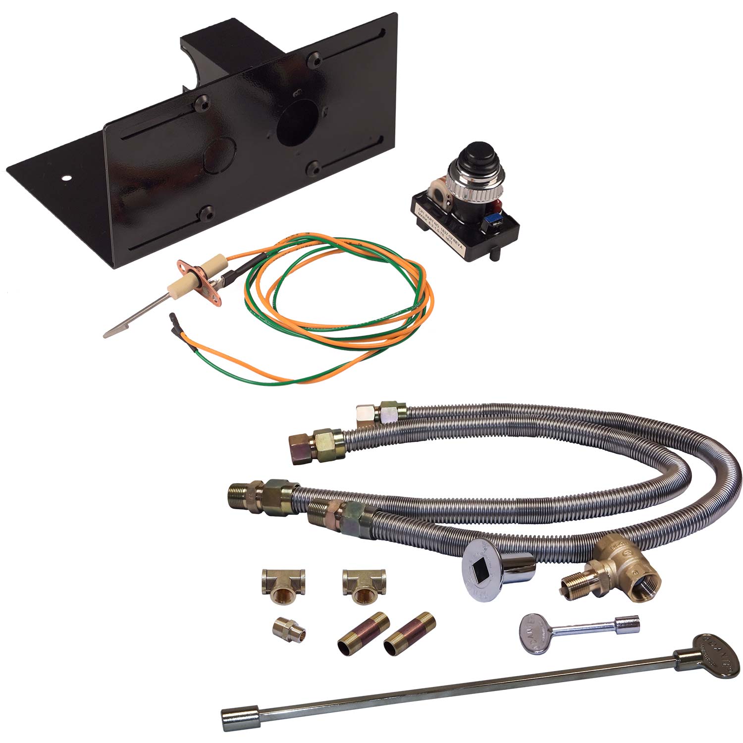 Spark ignition kit with black mounting bracket, wiring, double flex lines, and fittings