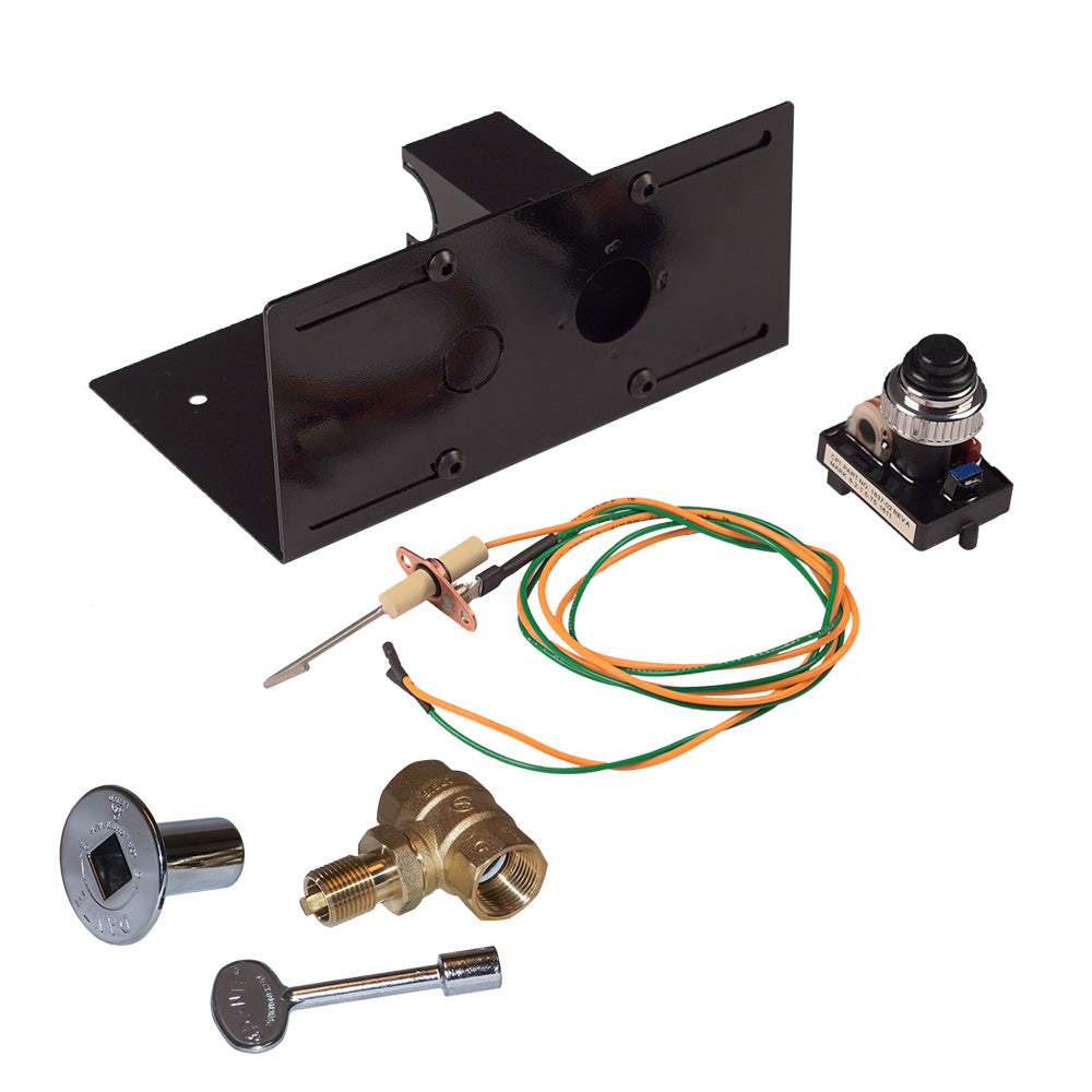 Ignition kit with mounting bracket, push button switch, wiring, and brass key valve